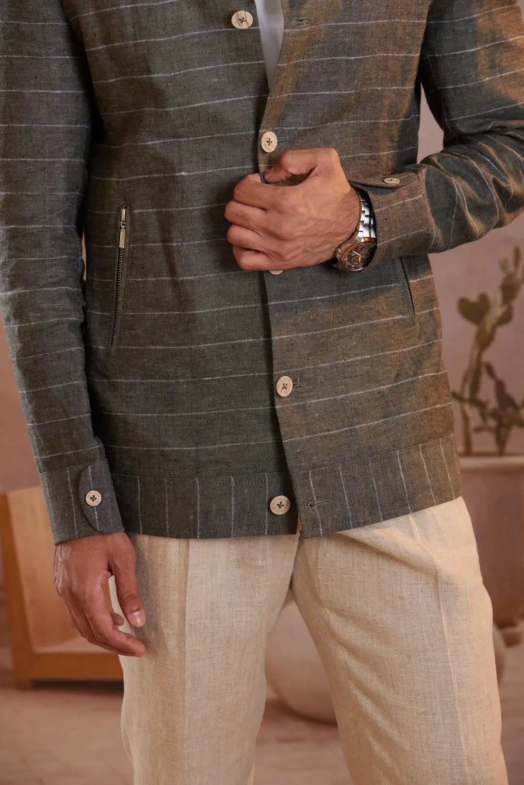 Sage green striped summer Linen Jacket