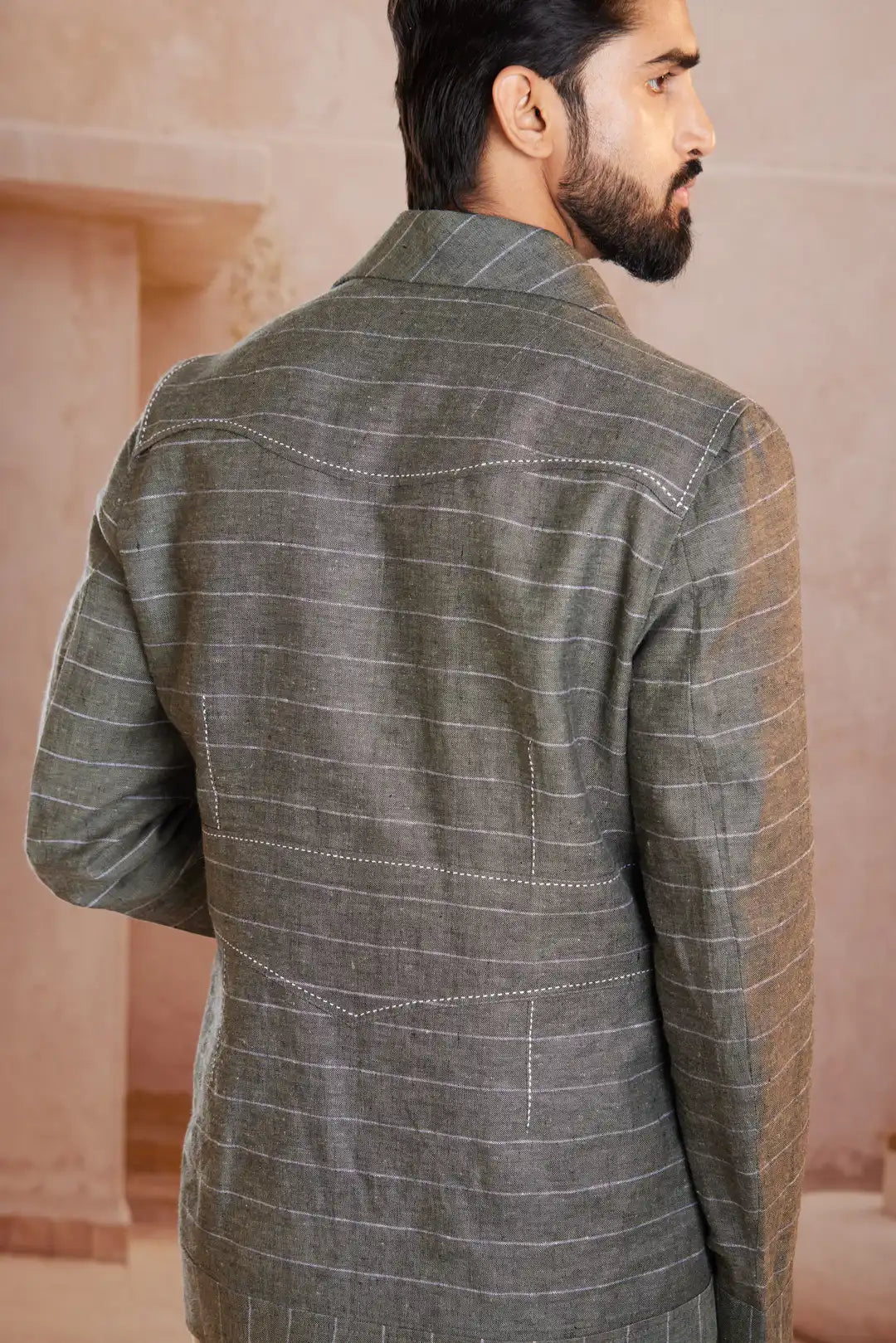 Sage green striped summer Linen Jacket