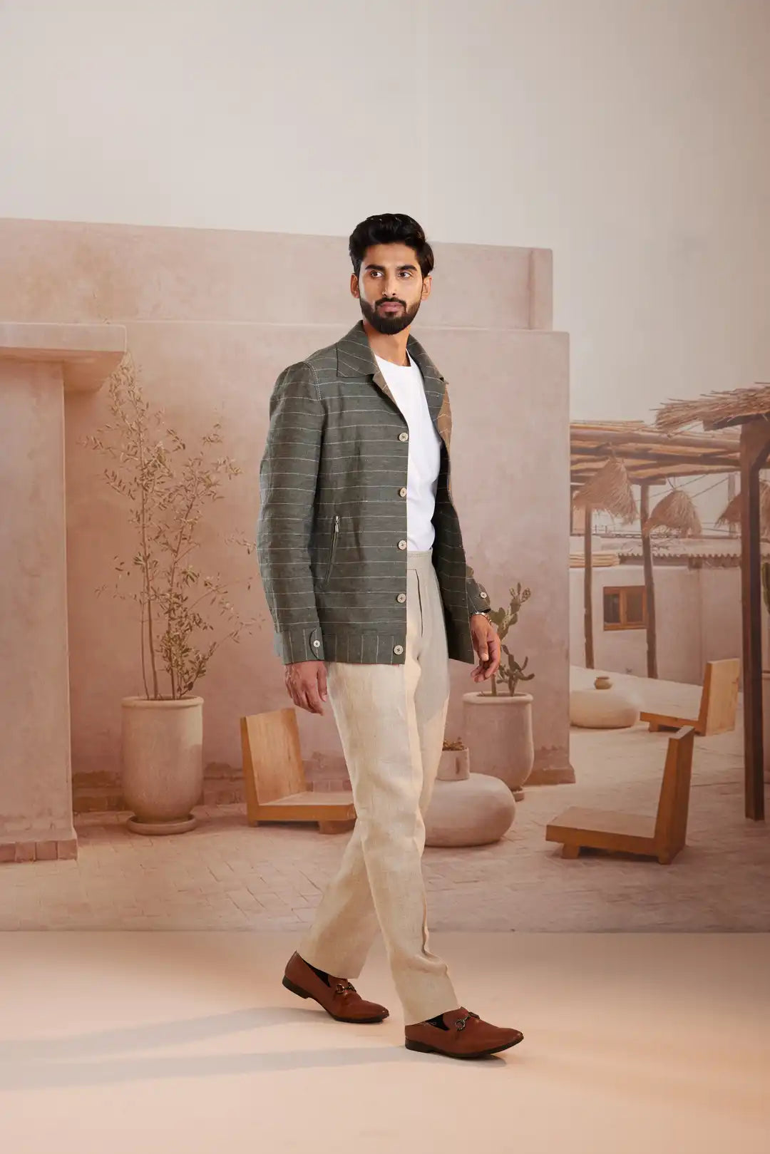 Sage green striped summer Linen Jacket