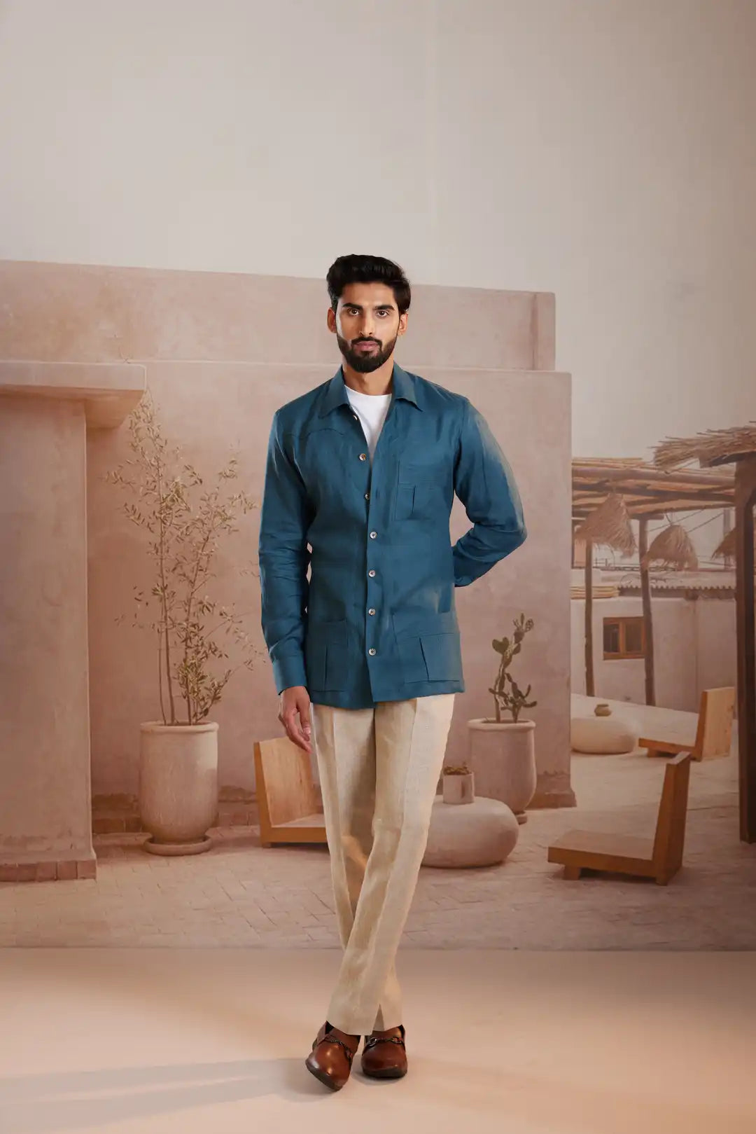 Classic Teal Linen Safari Shirt