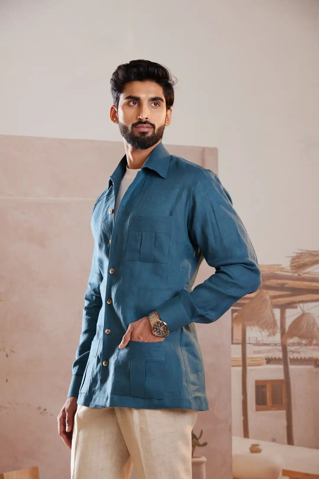 Classic Teal Linen Safari Shirt