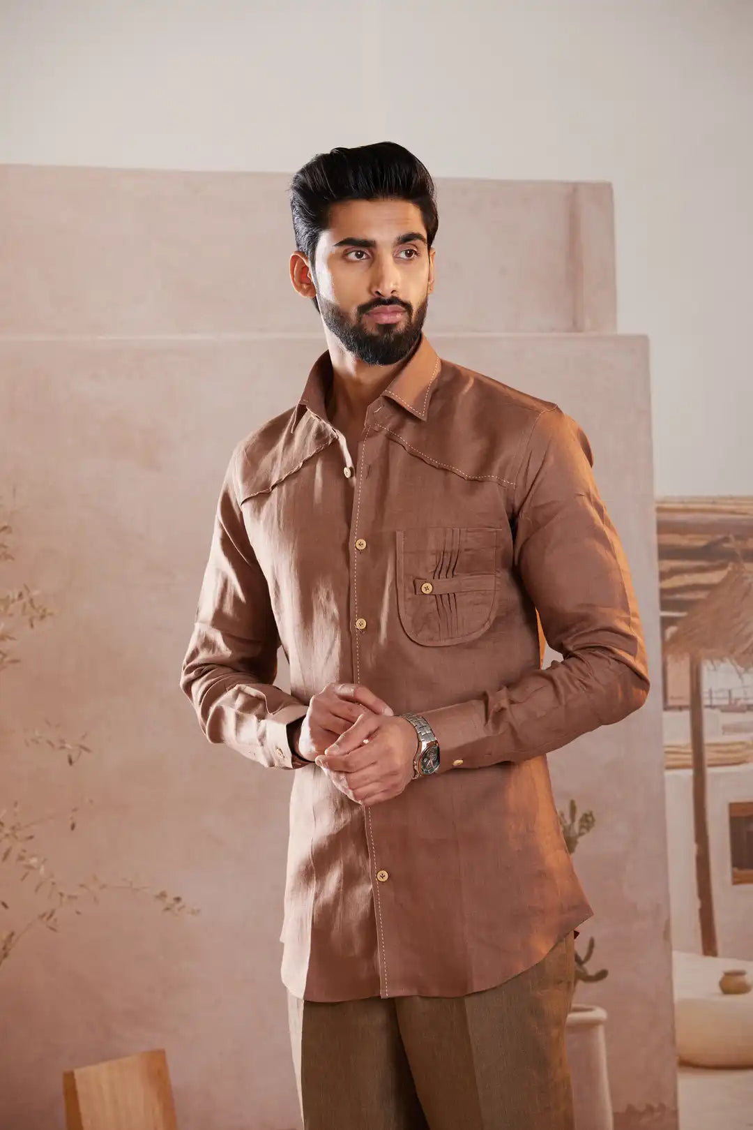 Classic Brown Linen Shirt with pocket detailing