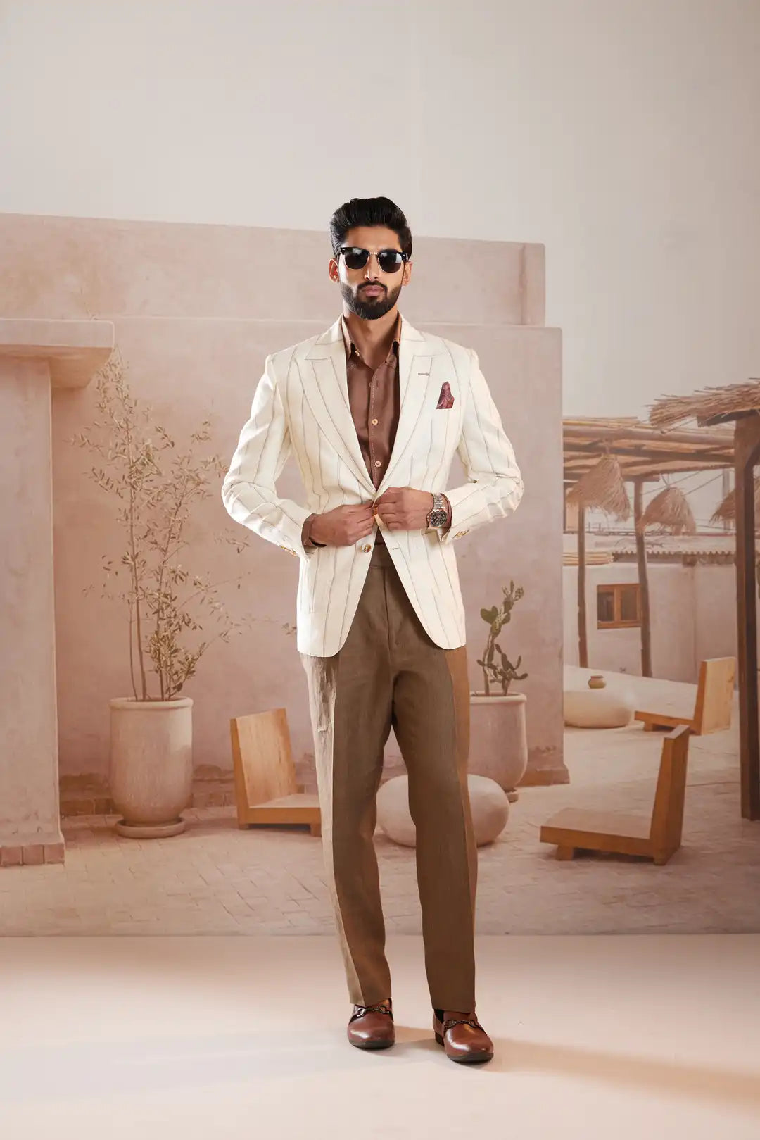 Ivory peak lapel striped summer Linen Blazer