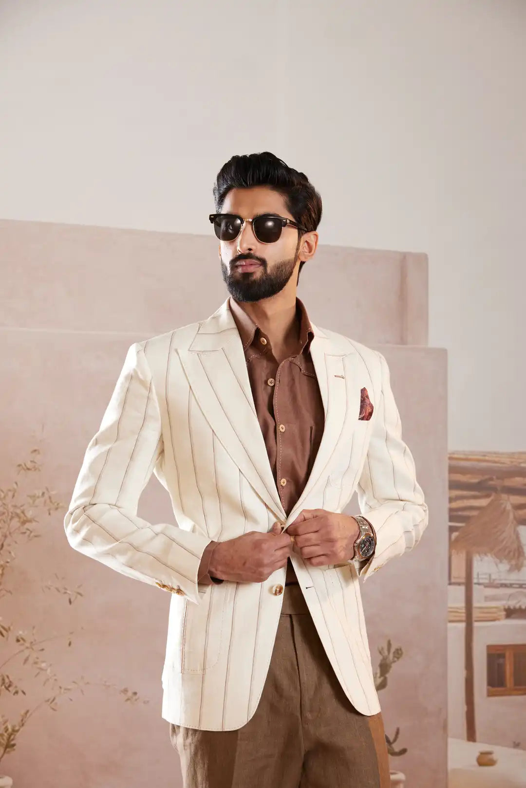 Ivory peak lapel striped summer Linen Blazer