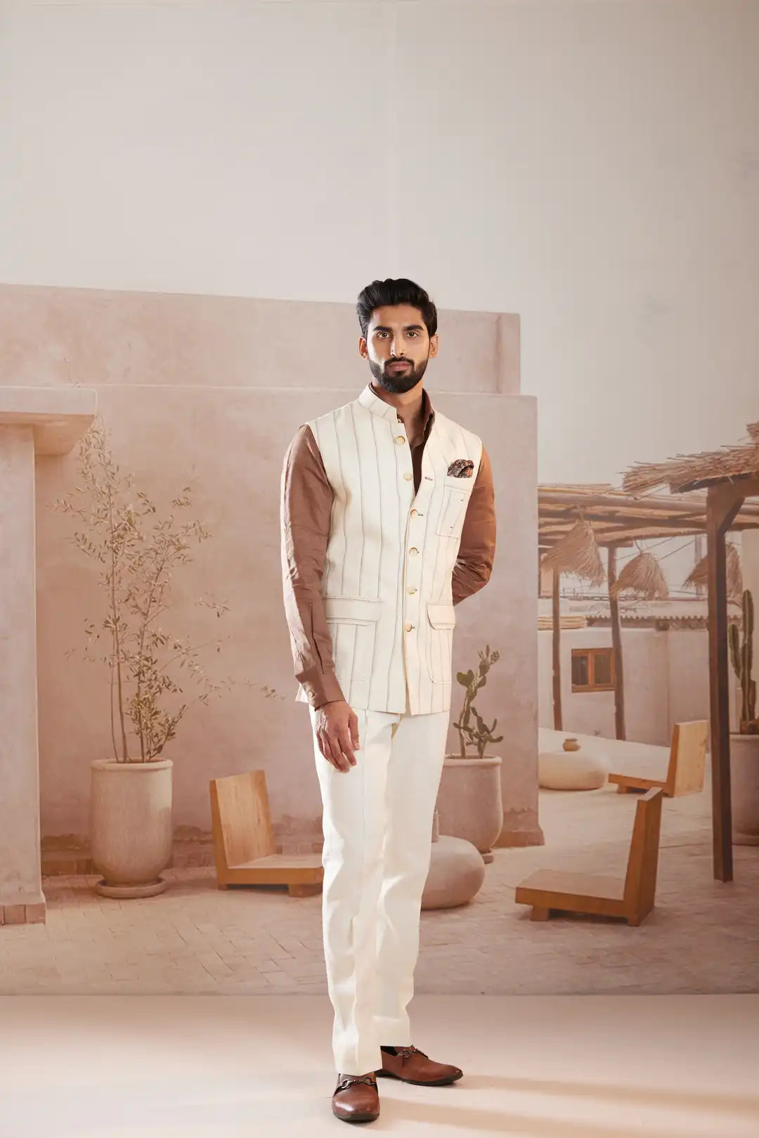 Ivory pinstriped Linen Sadri