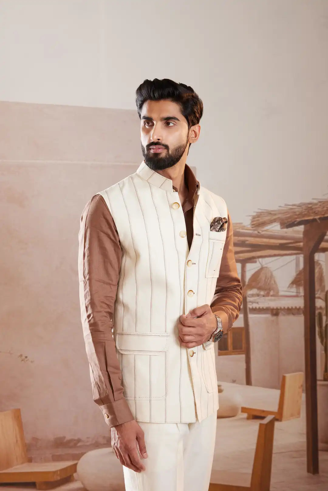 Ivory pinstriped Linen Sadri