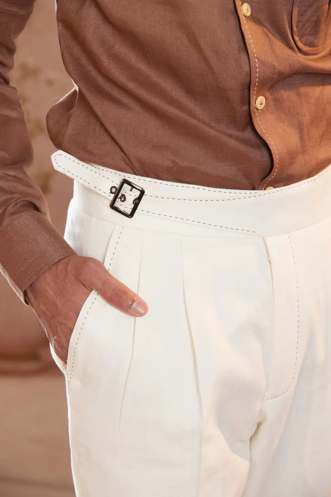 Ivory pinstriped Linen Sadri