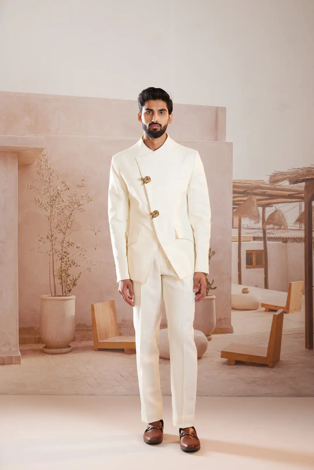 Ivory Asymmetric Linen Bandgala with statement buttons