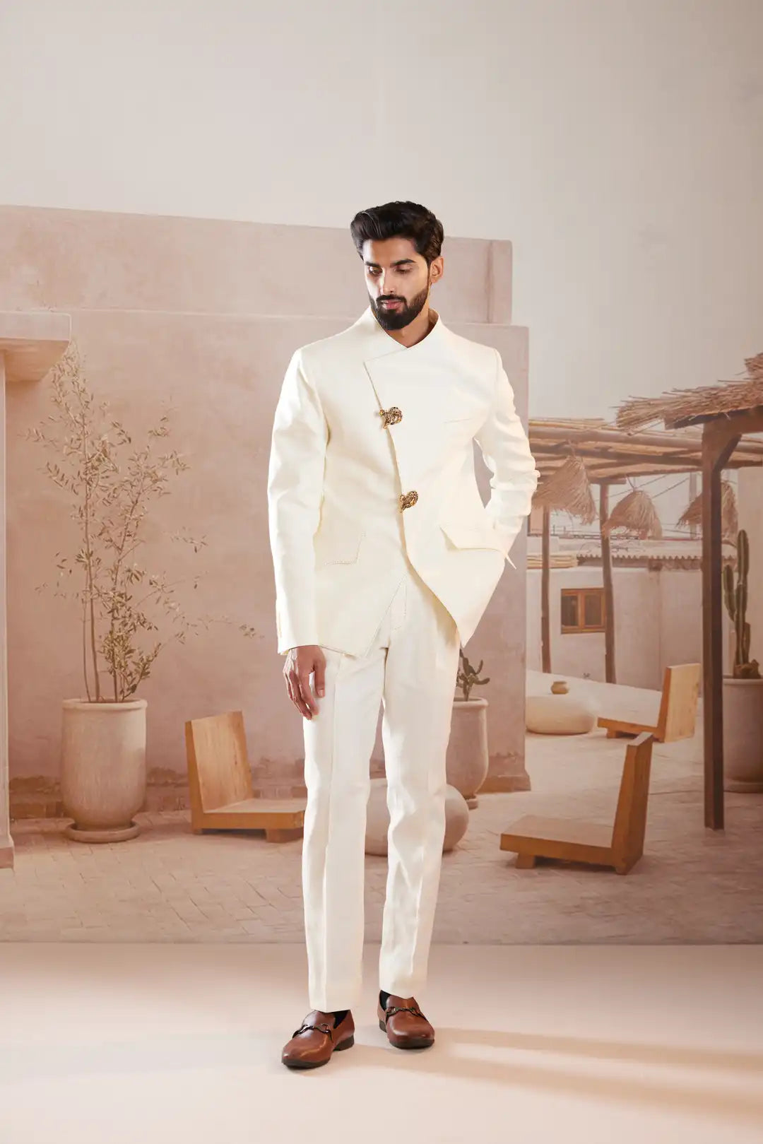 Ivory Asymmetric Linen Bandgala with statement buttons