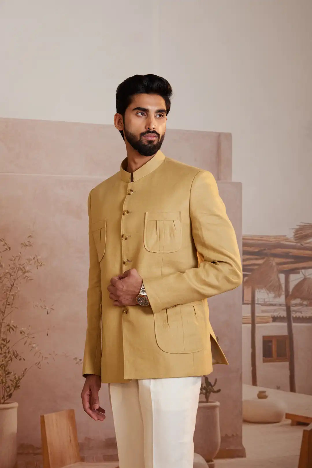 Safari inspired Beige Linen Bandgala