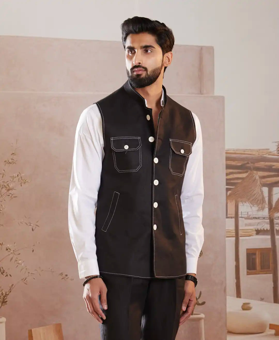 Black Linen Sadri with contrast stitching