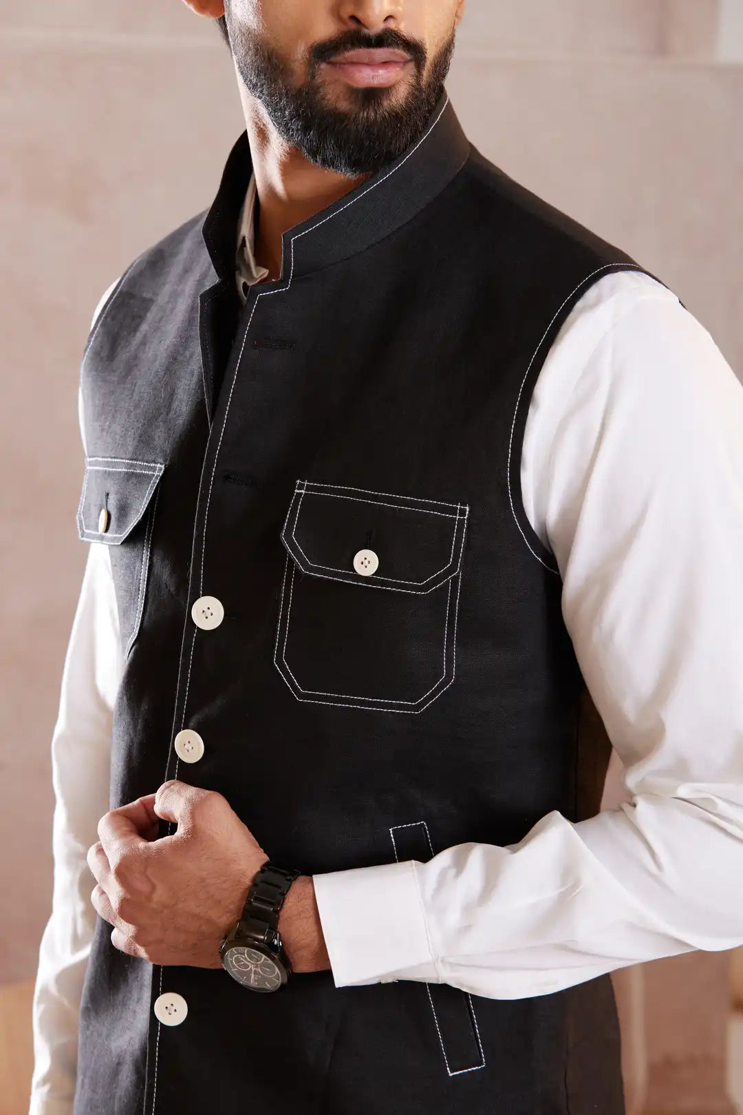 Black Linen Sadri with contrast stitching