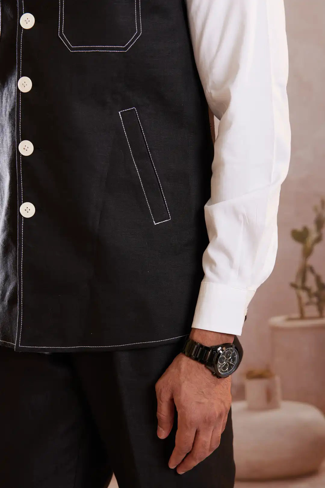 Black Linen Sadri with contrast stitching