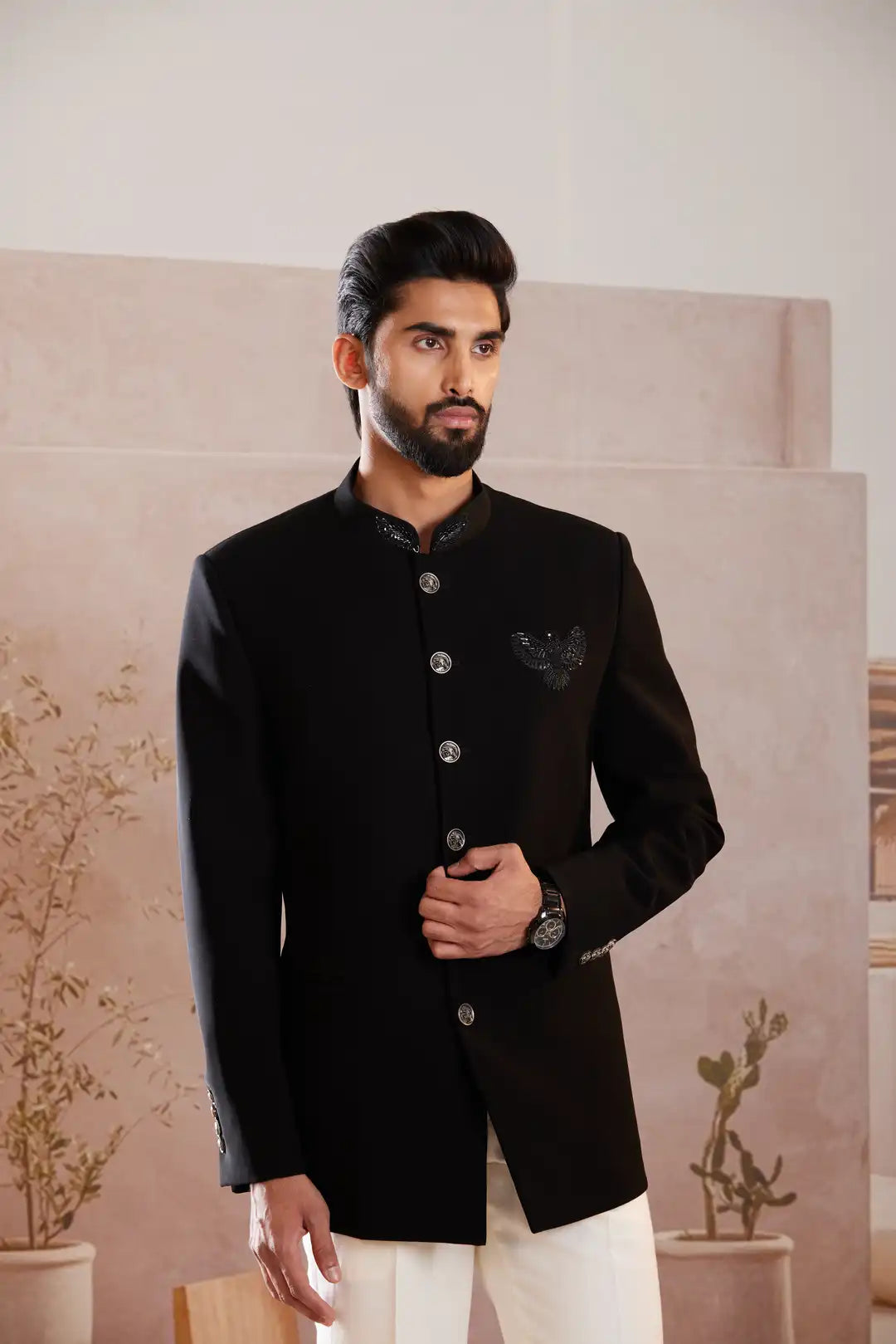 Black textured Bandgala with Bird Motif
