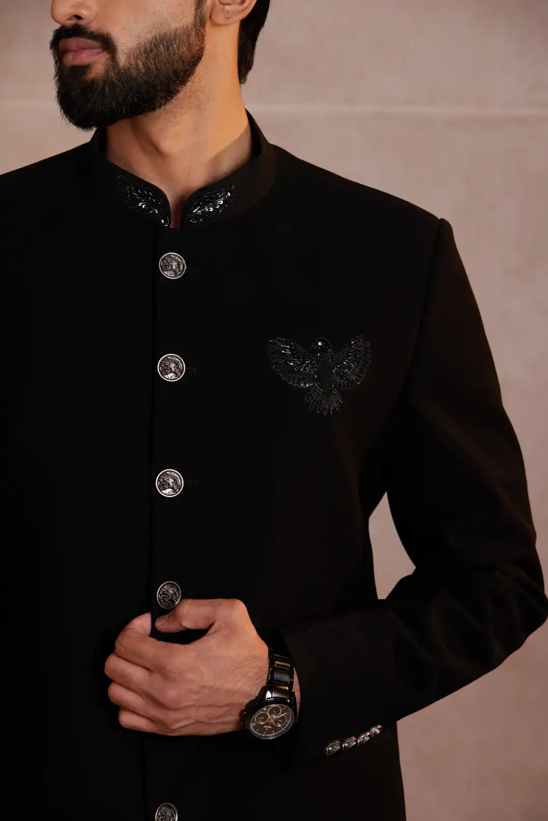 Black textured Bandgala with Bird Motif