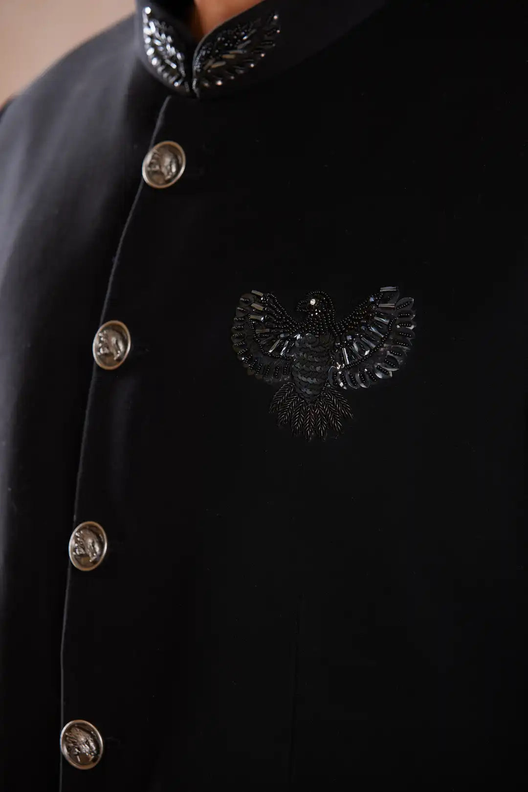 Black textured Bandgala with Bird Motif