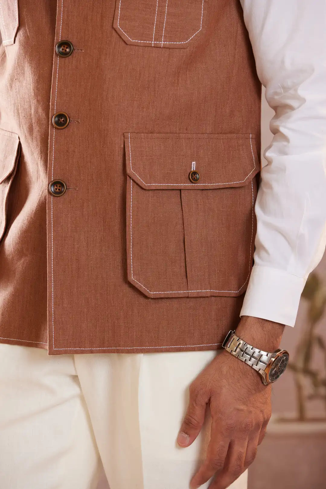 Terracotta Four Pocket Linen Sadri