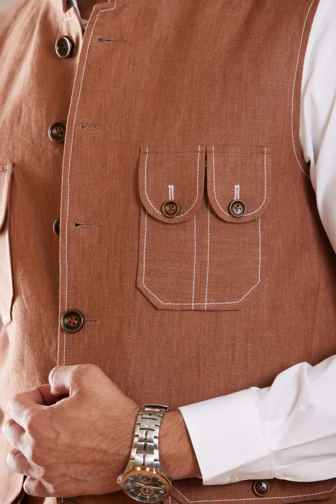 Terracotta Four Pocket Linen Sadri