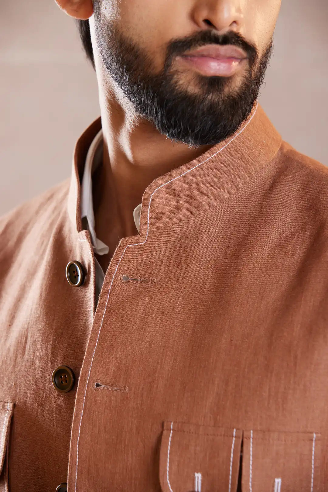 Terracotta Four Pocket Linen Sadri