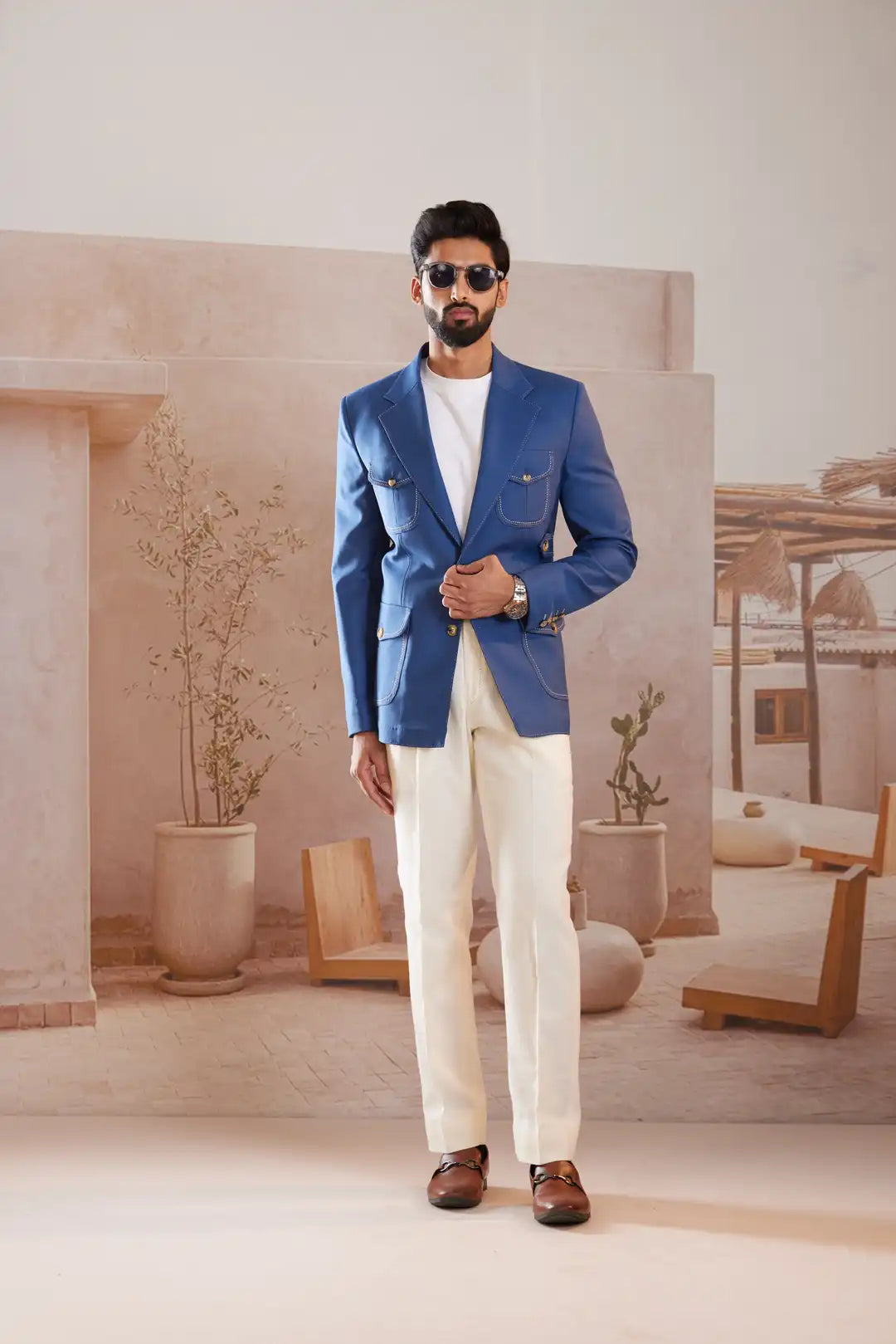 Cobalt blue Linen Tailored Blazer with Contrast Stitching