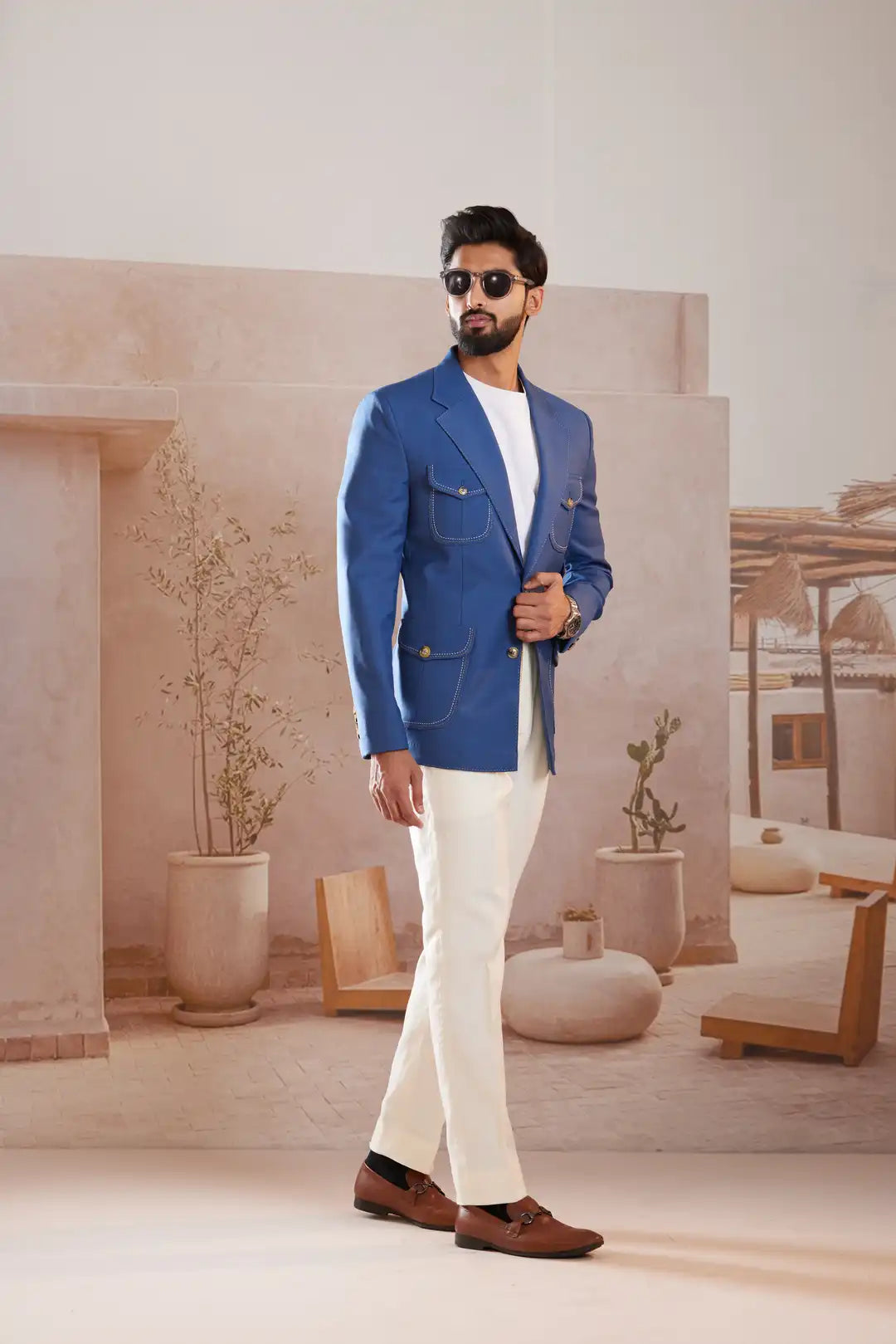 Cobalt blue Linen Tailored Blazer with Contrast Stitching