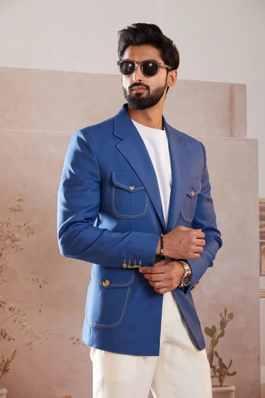 Cobalt blue Linen Tailored Blazer with Contrast Stitching