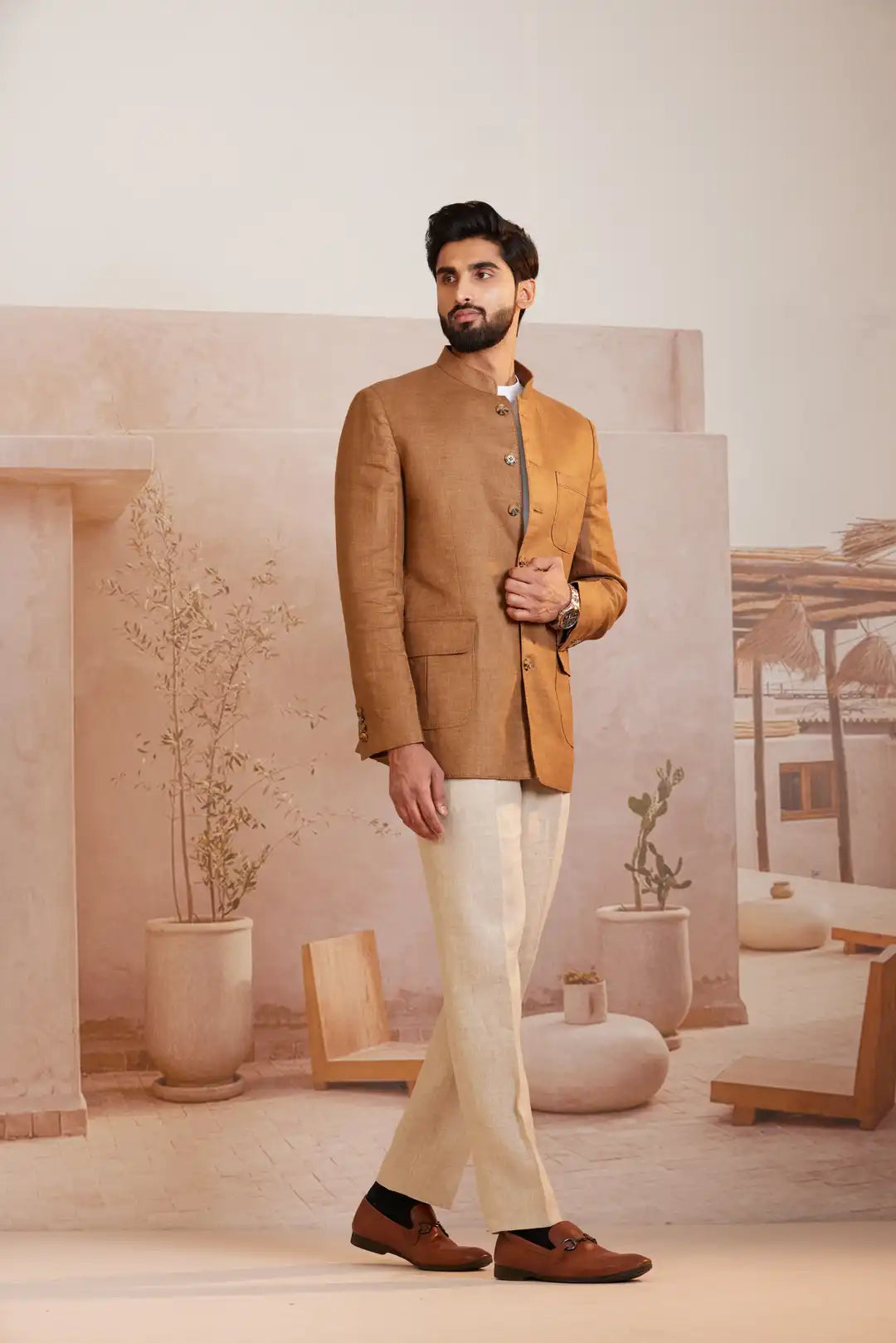Tan Tailored Linen Bandgala with flap pockets