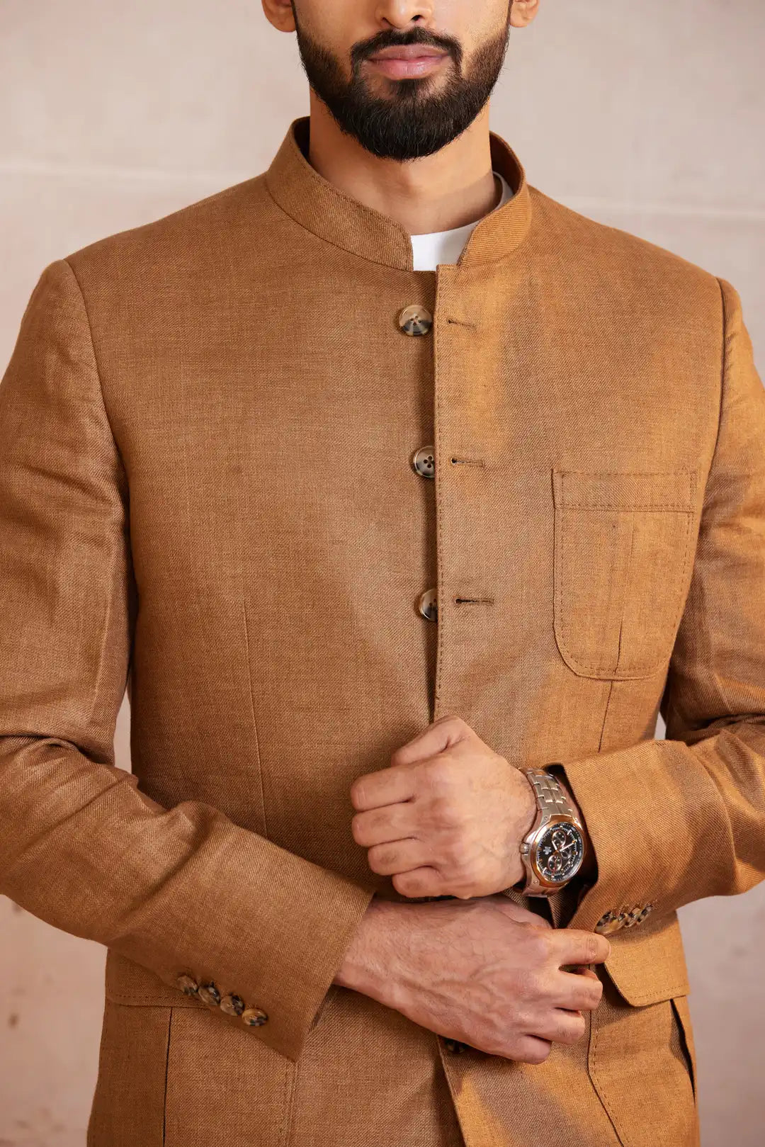 Tan Tailored Linen Bandgala with flap pockets