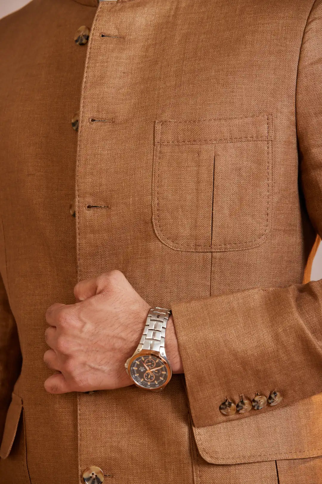 Tan Tailored Linen Bandgala with flap pockets