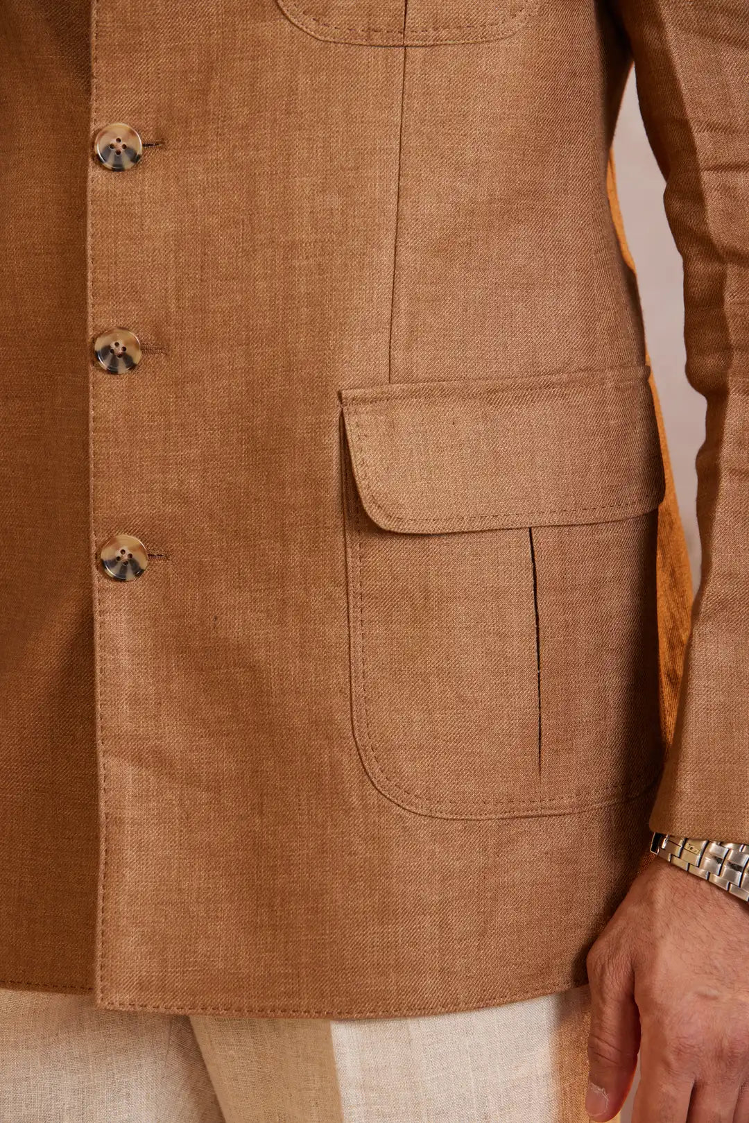 Tan Tailored Linen Bandgala with flap pockets