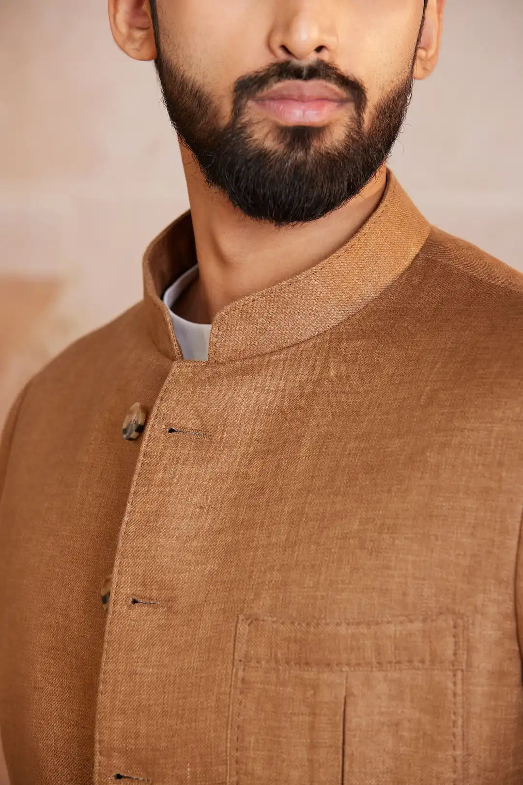 Tan Tailored Linen Bandgala with flap pockets