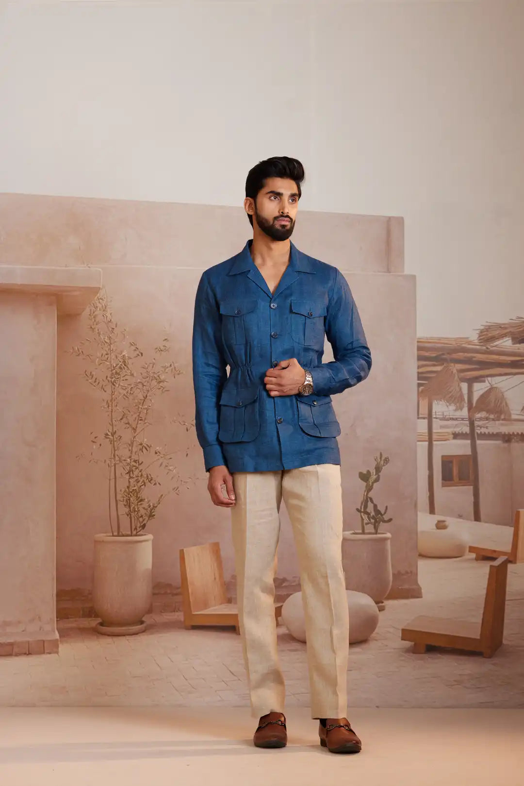 Royal blue Cinched waist linen Safari Jacket