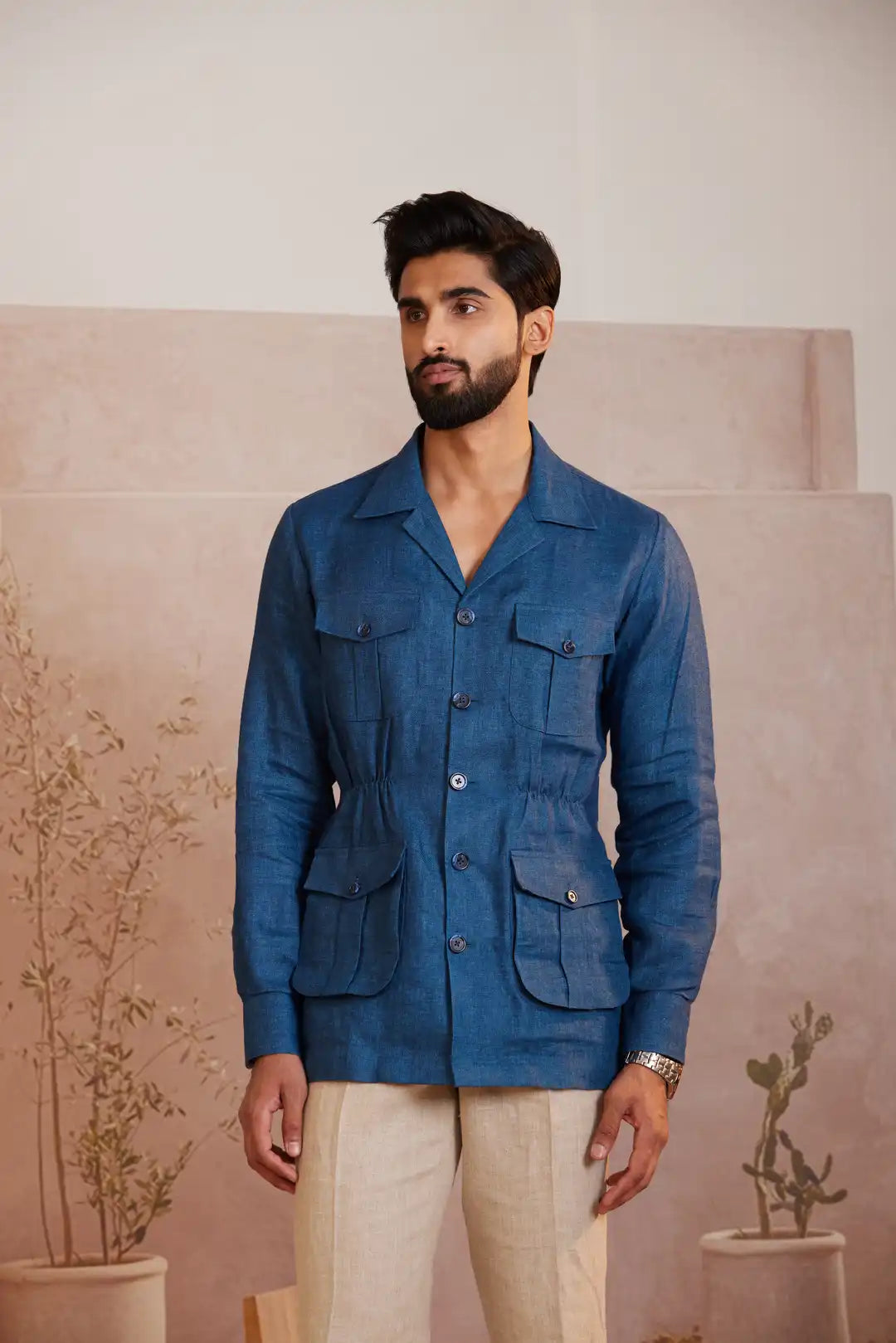 Royal blue Cinched waist linen Safari Jacket