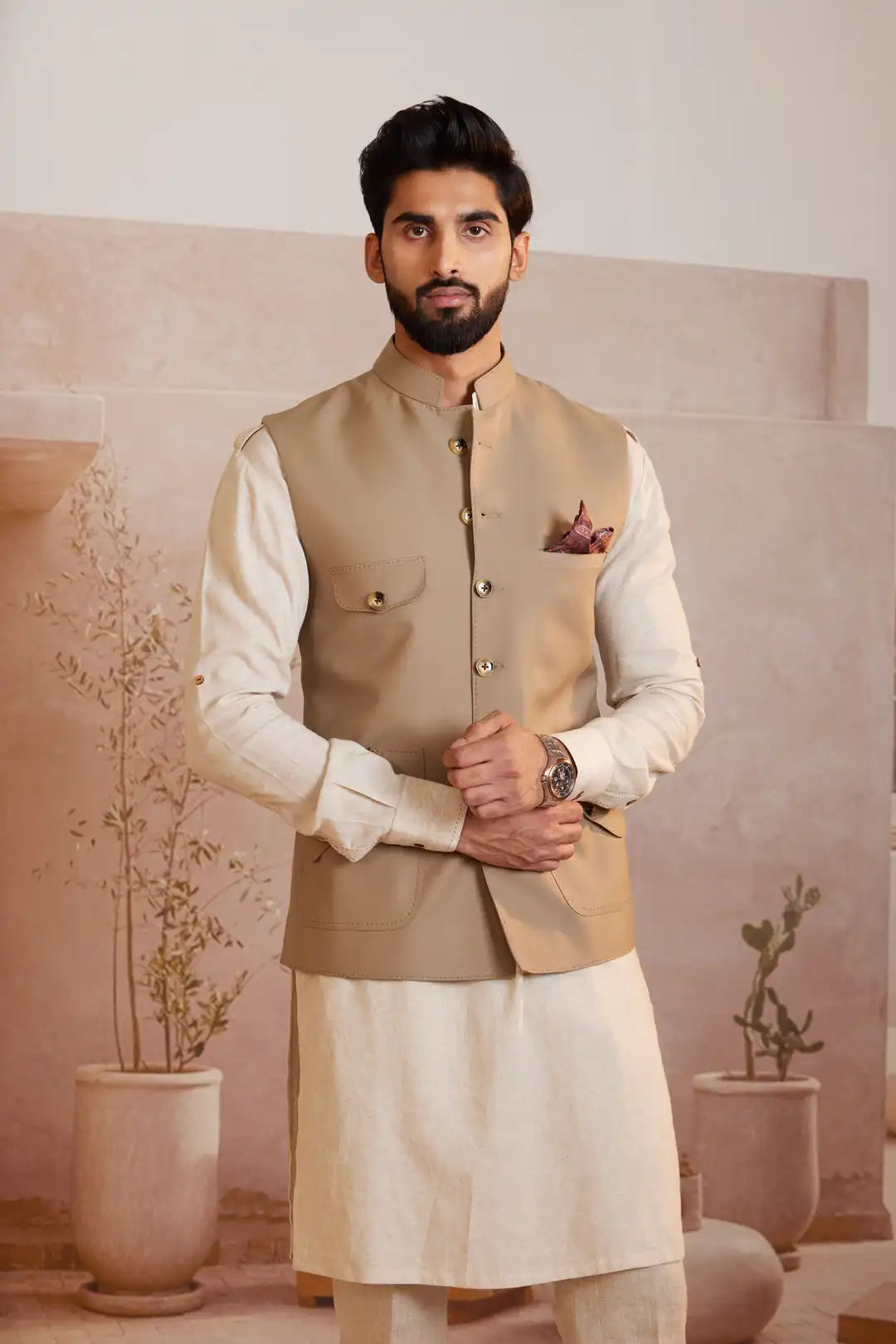 Beige multi-pocket Nehru jacket