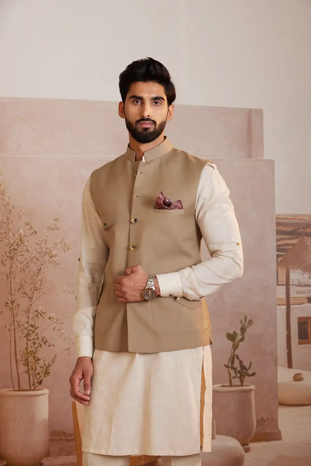 Beige multi-pocket Nehru jacket