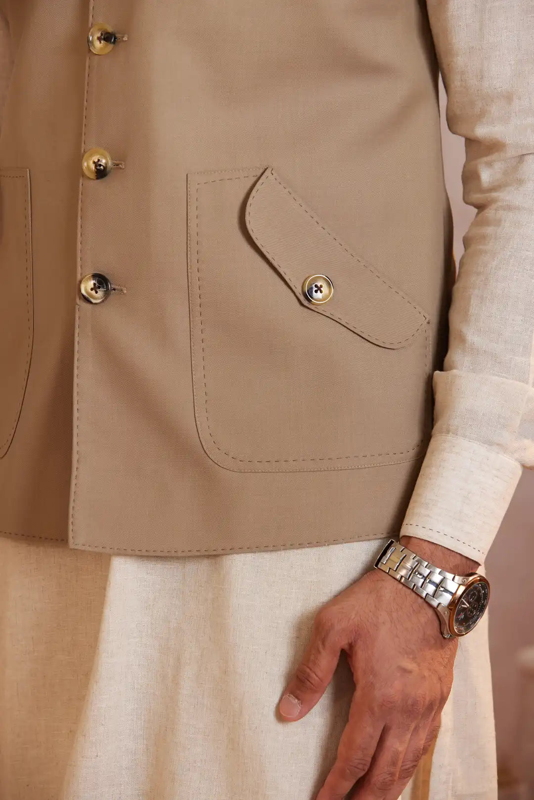 Beige multi-pocket Nehru jacket