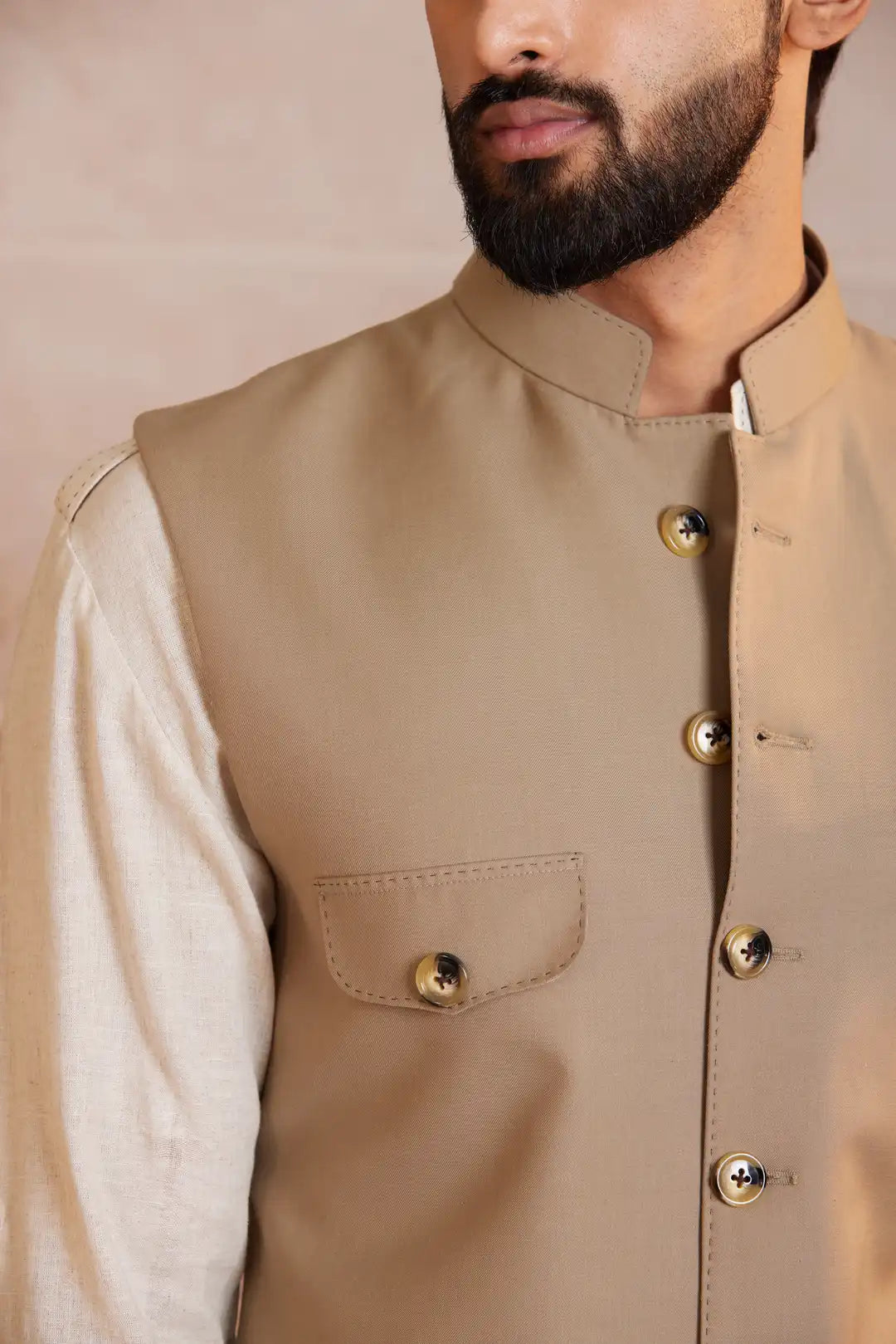 Beige multi-pocket Nehru jacket