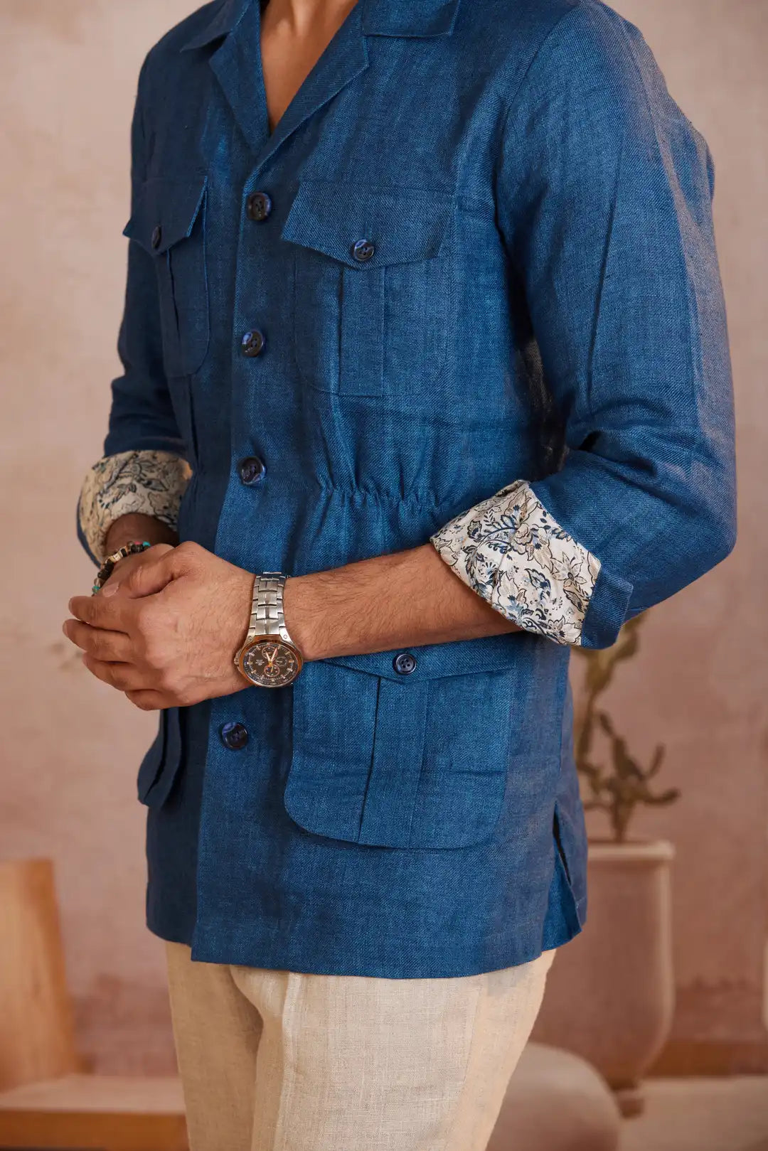 Royal blue Cinched waist linen Safari Jacket