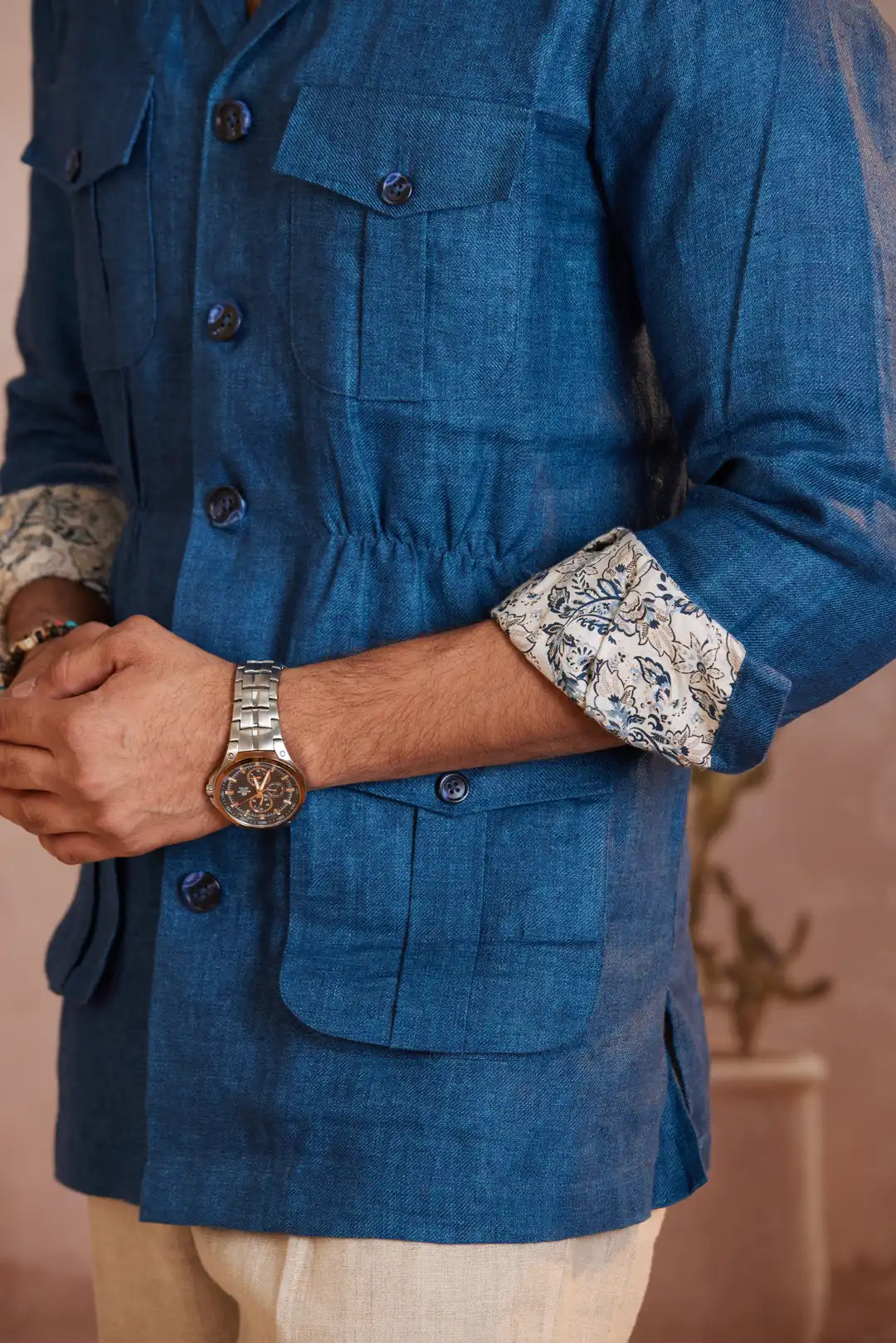 Royal blue Cinched waist linen Safari Jacket