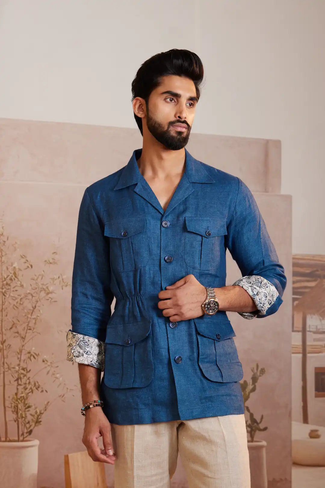 Royal blue Cinched waist linen Safari Jacket