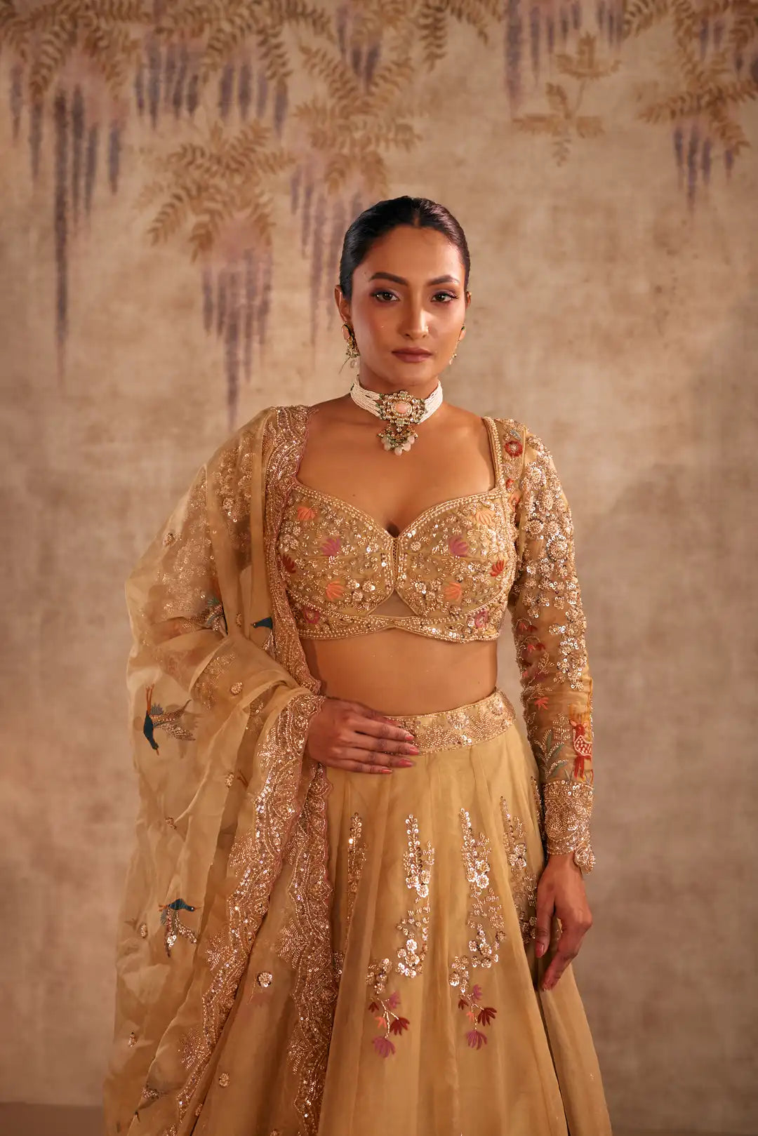 Gold Tissue lehenga with embroidery