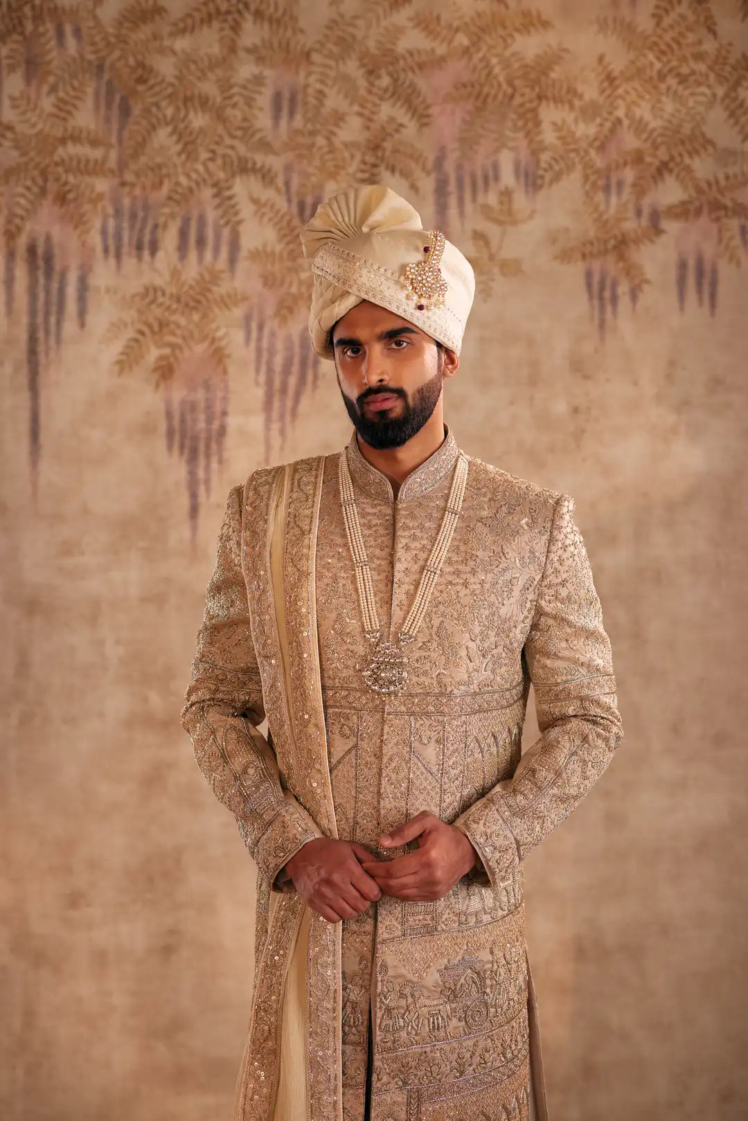 Gold Sherwani with Doli Baraat zardozi work