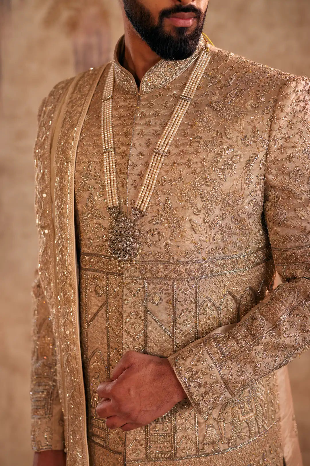 Gold Sherwani with Doli Baraat zardozi work