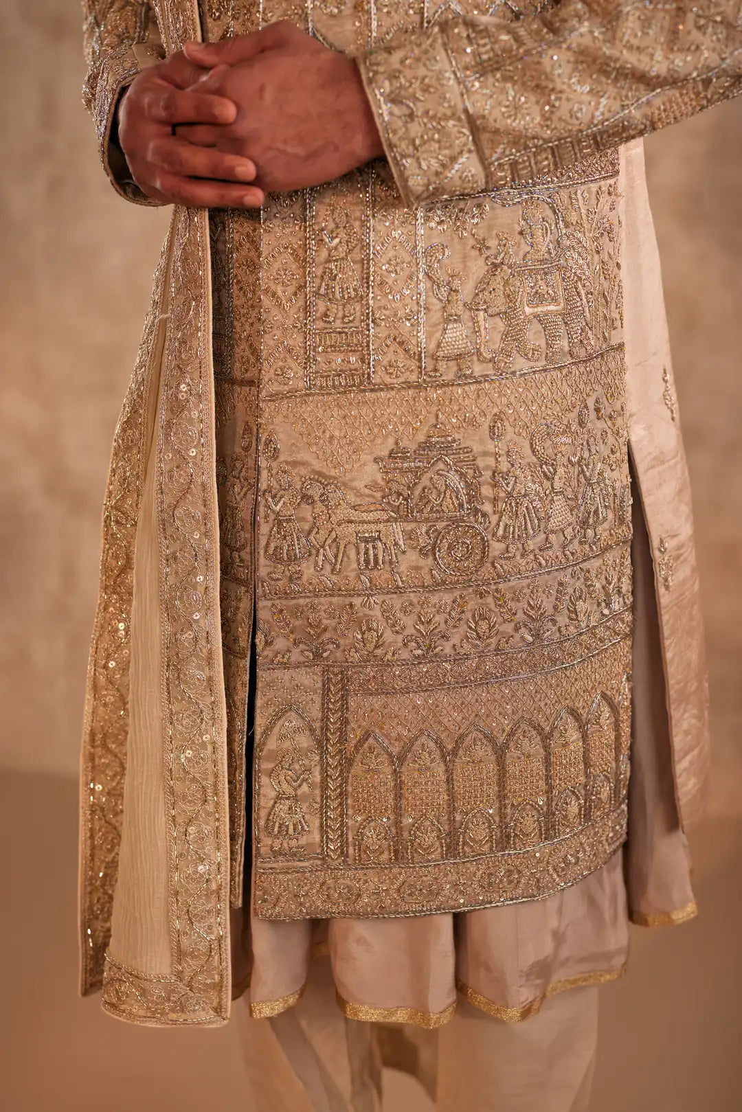 Gold Sherwani with Doli Baraat zardozi work