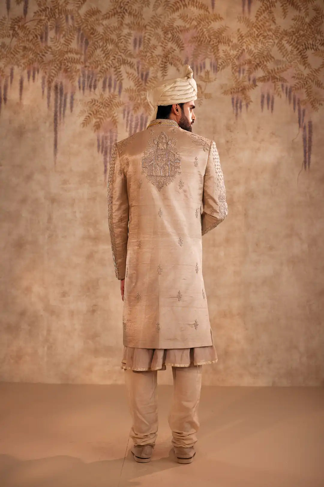 Gold Sherwani with Doli Baraat zardozi work