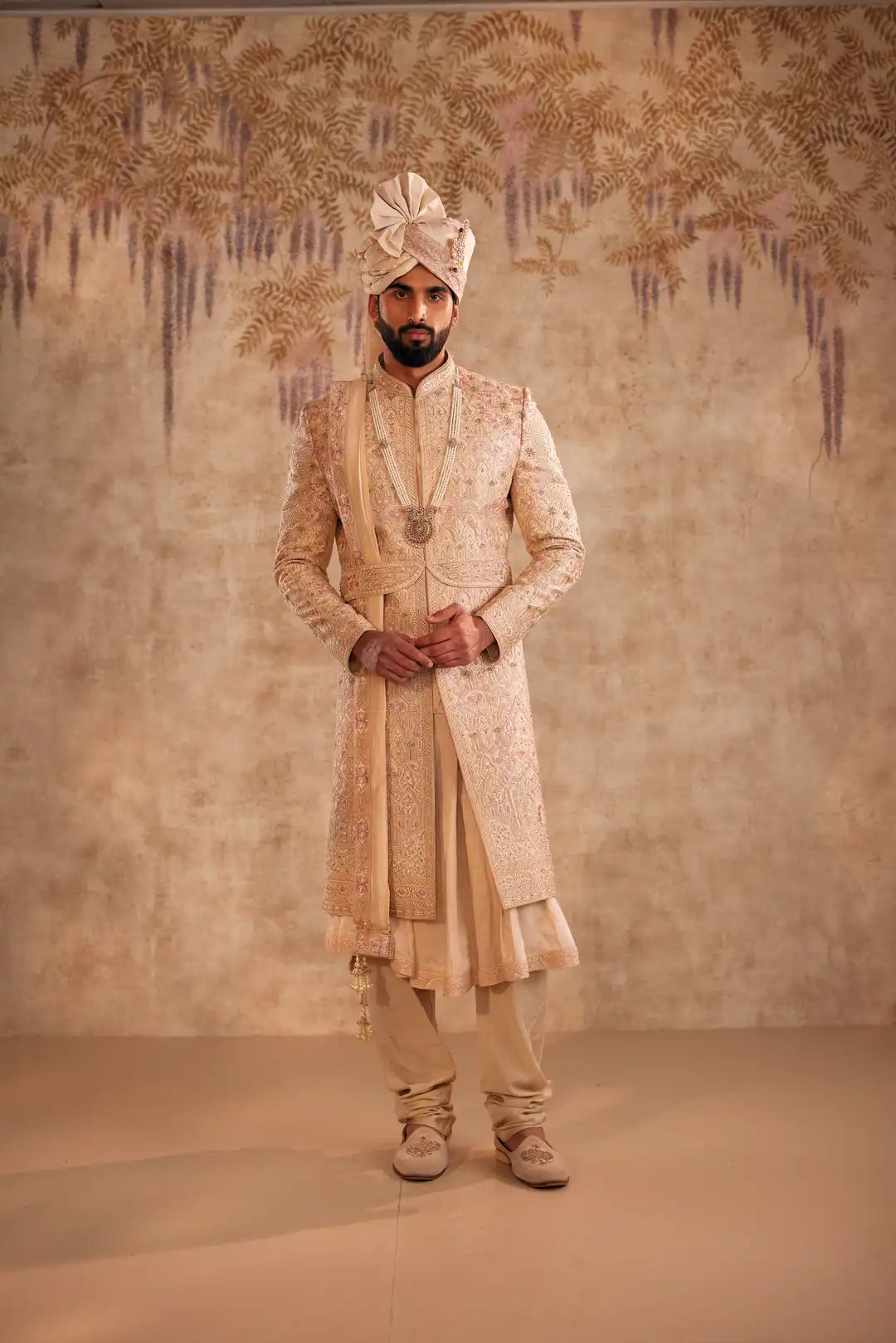 Gold Sherwani with multicolor thread work