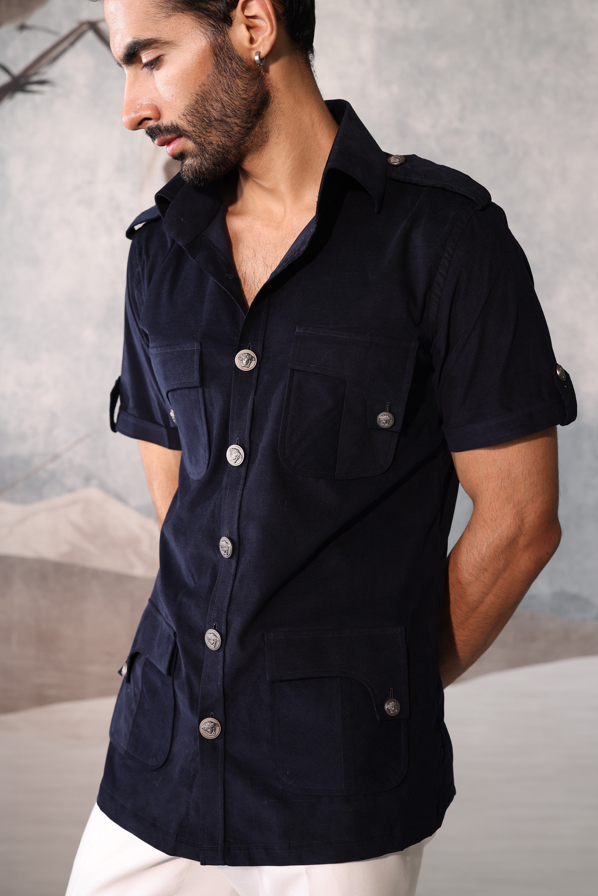 black pinstripe safari shirt