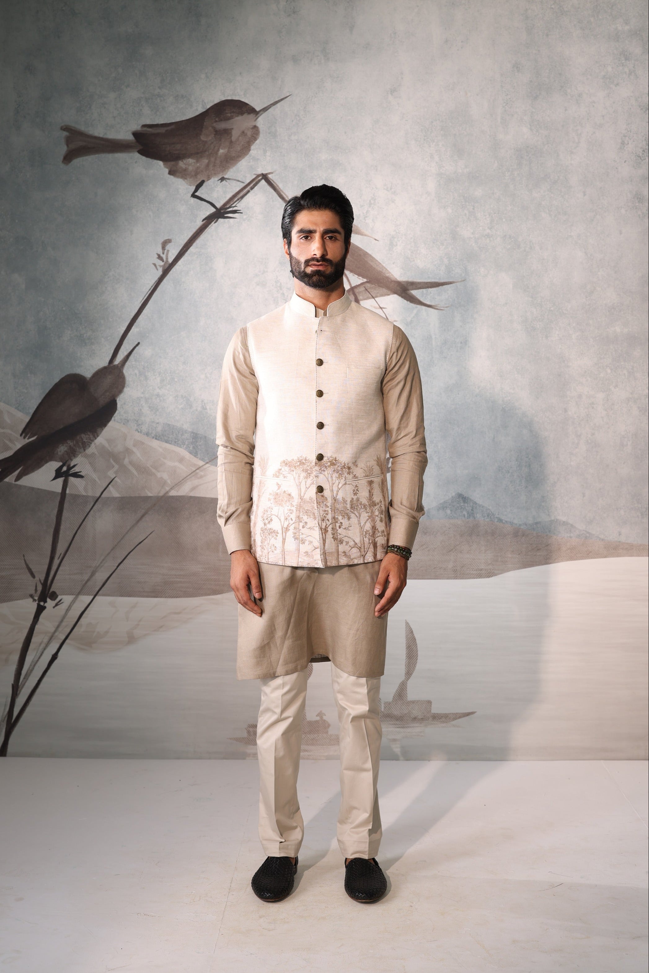 military-inspired green sadri set with leather piping, kurta & pyjama