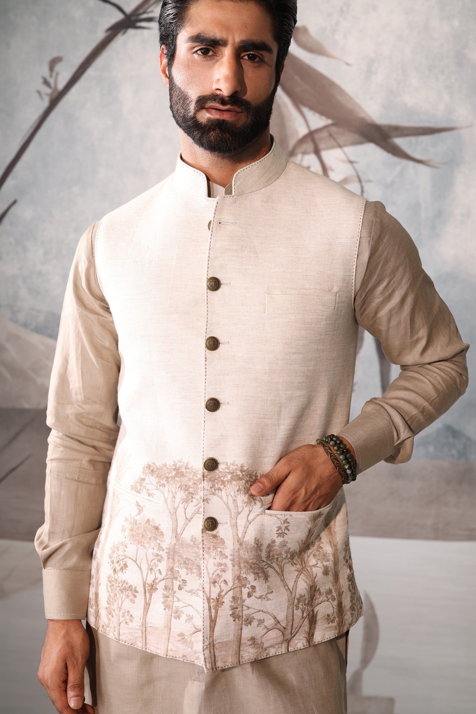 military-inspired green sadri set with leather piping, kurta & pyjama
