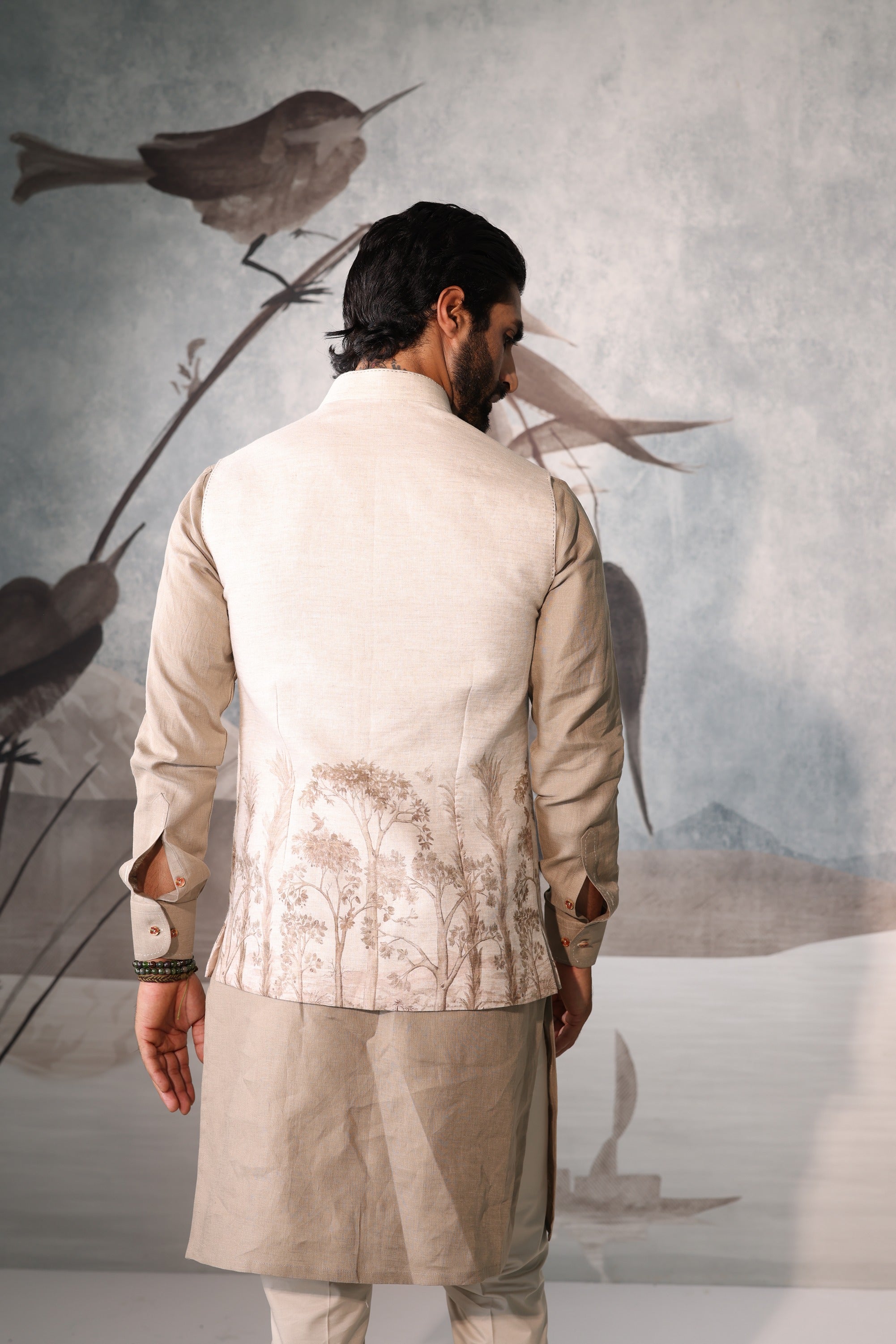 military-inspired green sadri set with leather piping, kurta & pyjama